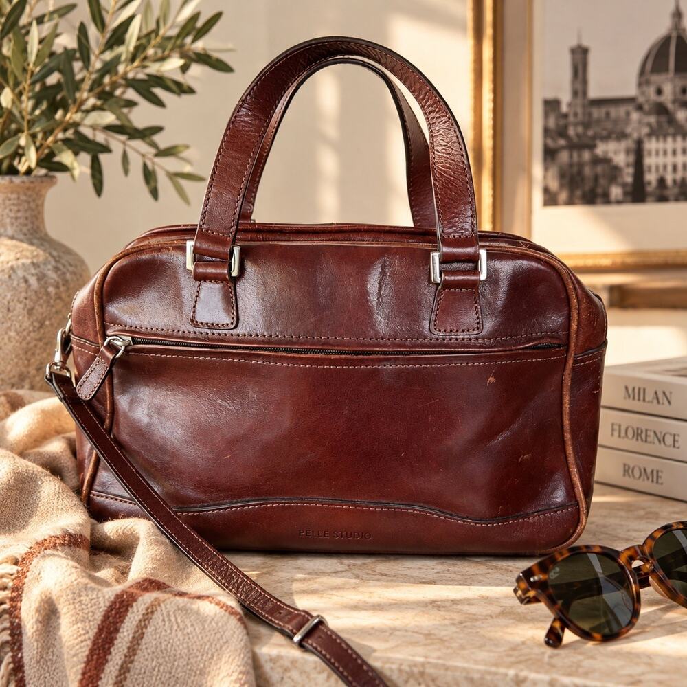 Pelle Studio Italian Leather Cognac Brown Satchel Shoulder Bag Business Travel